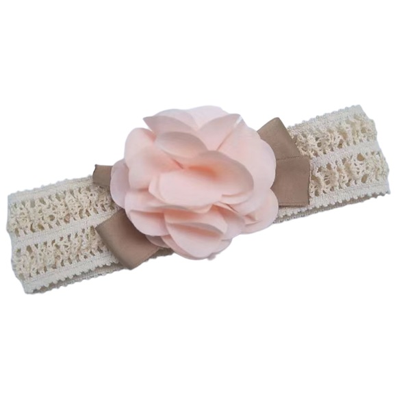 Lace Headband with Tan Tie and Pink Flower - Picture 3 of 7